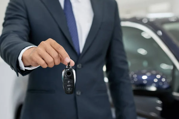 Car Dealership Sales Manager Giving Keys Selective Focus — Stock Photo, Image