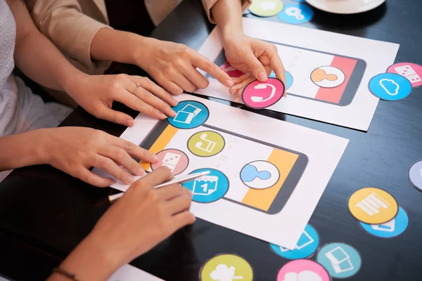 Hands Female Designers Discussing Set Icons Mobile Application — Stock Photo, Image