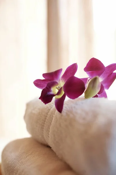 Belles Fleurs Orchidée Pourpre Sur Pile Serviettes Toilette Moelleuses Blanches — Photo