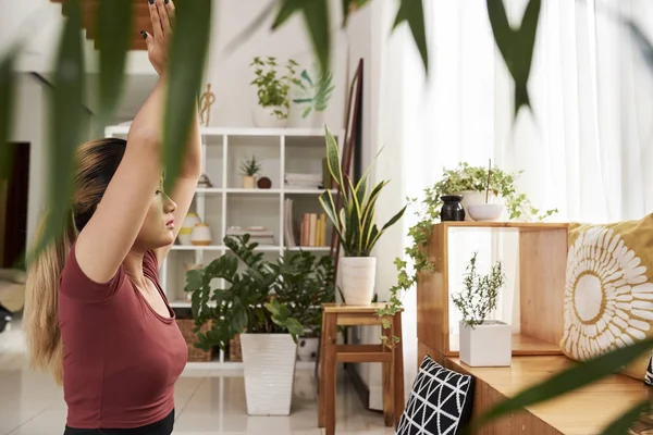 Young Asian Woman Stressing Doing Yoga Living Room Many Plants — 스톡 사진