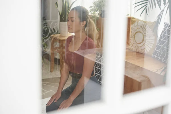 Young Pretty Asian Woman Meditating Home Stressful Day — 스톡 사진