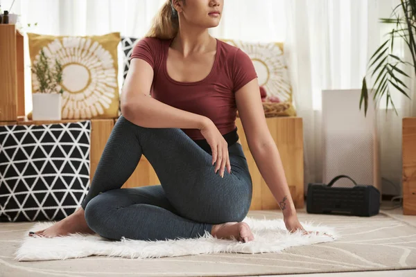 Young Asian Woman Doing Seated Spinal Twist Stretch Her Back — 스톡 사진