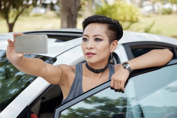 Beautiful Stylish Vietnamese Woman Opening Car Door Taking Selfie — Stock Photo, Image