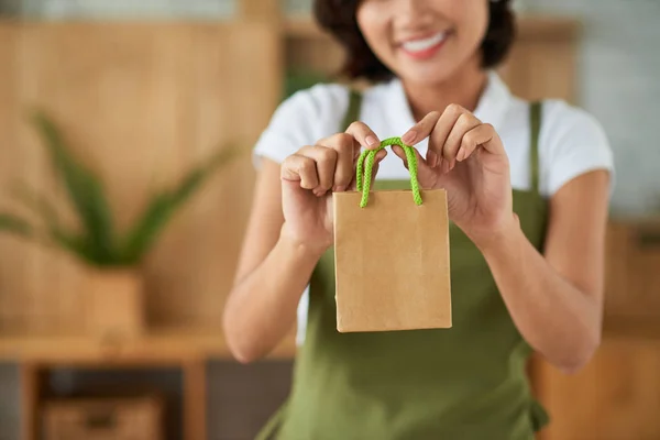 Cute Asian Woman Holding Small Paper Carton Bag Gift Cropped — Stock Photo, Image
