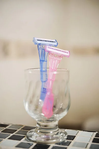 Image Razor Shavers Him Her Glass Cup Table Bathroom — Stock Photo, Image