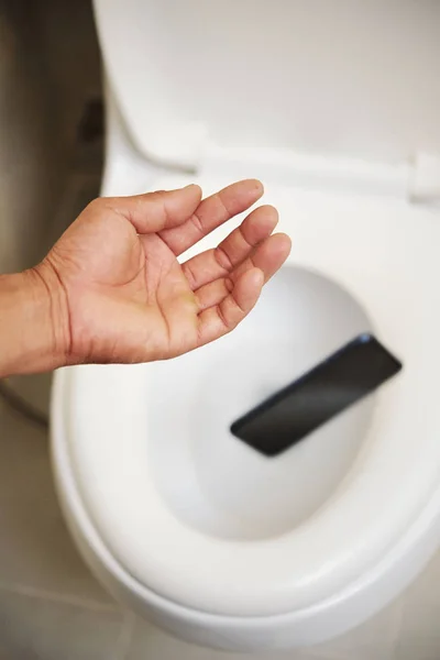 Close Man Dropped His Mobile Phone Toilet Bowl Bathroom — Stock Photo, Image