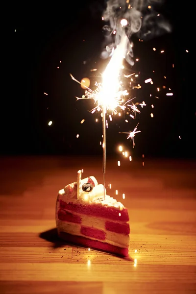 Close Delicious Piece Cake Sparkler Birthday Party Wooden Table — Stock Photo, Image