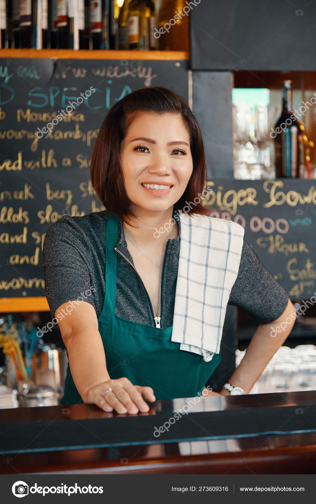 Pretty Smiling Bartender Towel Her Shoulder Standing Bar Counter Stock  Photo by ©DragonImages 273609316