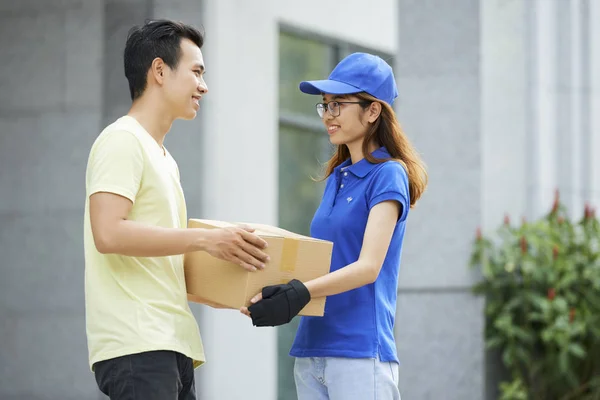 Cheerful Young Asian Man Receiving Parcel Online Store — Stock Photo, Image