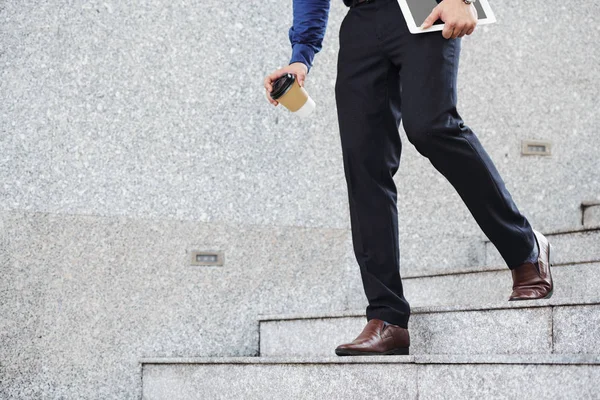 Young Entrepreneur Morning Coffee Digital Tablet Hurrying Office Meeting — Stock Photo, Image