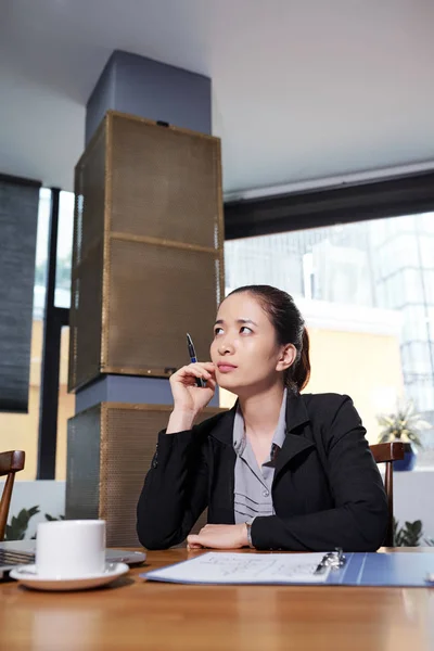 Young Vietnamese Businesswoman Pondering Ideas New Project — 스톡 사진