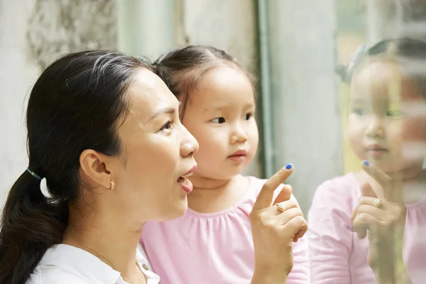 Young Vietnamese Woman Pouring Cage Zoo Telling Daughter Animals — Stock Photo, Image