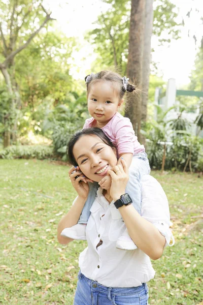 Positive Vietnamese Woman Spending Summer Day Her Little Daughter Park — Stock Photo, Image