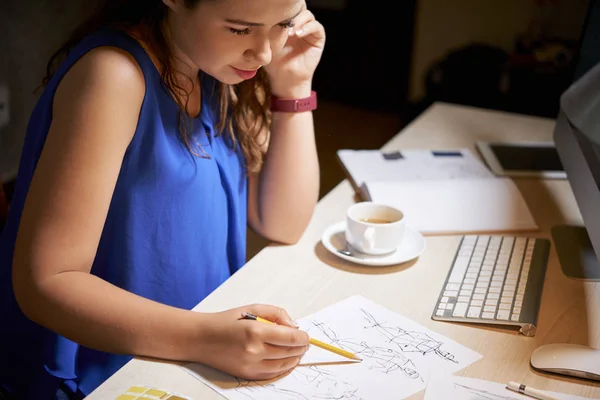 Young Fashion Designer Sitting Her Workplace Drawing New Sketches Clothes — Stock Photo, Image