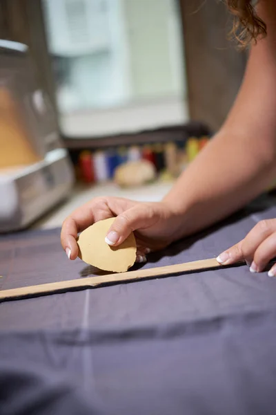 Close Female Dressmaker Lining Sewing Cutting Out Piece Soap Workshop — Stock Photo, Image