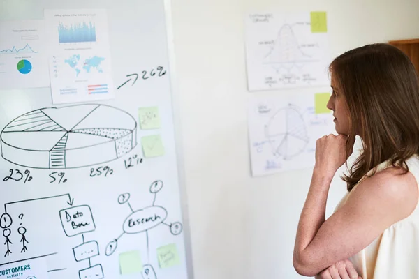 Ung Affärskvinna Står Framför Whiteboard Med Affärsdiagram Och Undersöka Det — Stockfoto