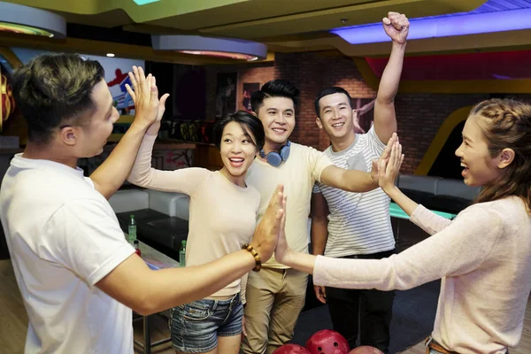 Positive Young Asian People Celebrating Success Game Bowling — Stock Photo, Image