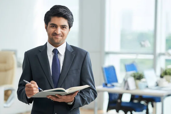 Cheerful Young Asian Entrepreneur Opened Planner His Hands — Stock Photo, Image