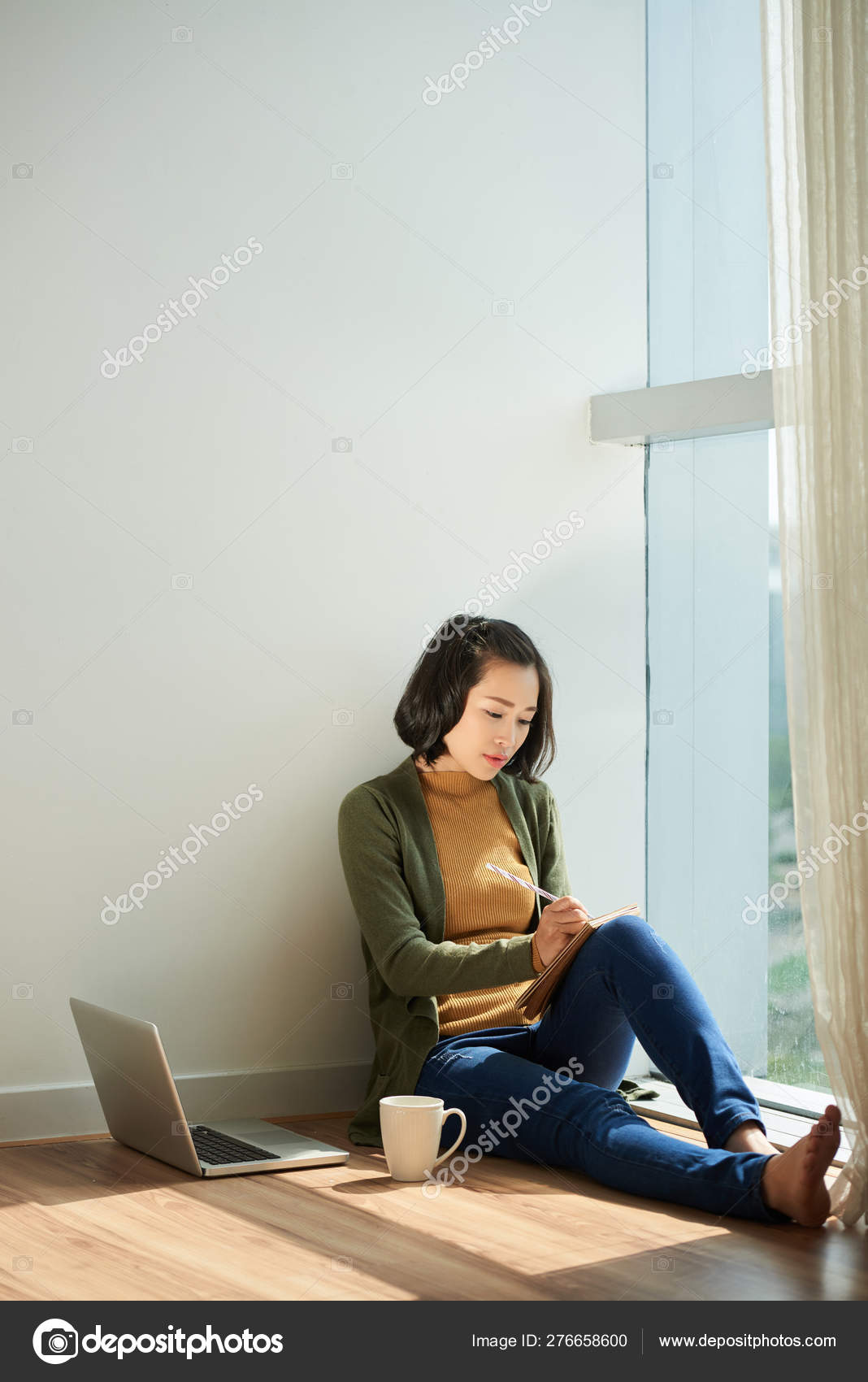 Asian Woman Sitting Floor Writing Diary Plan Laptop Tea Cup
