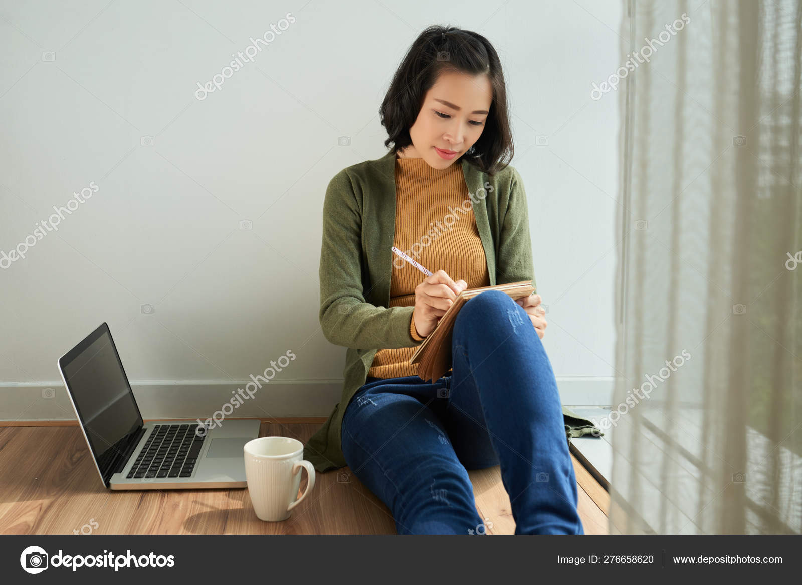 Asian Woman Sitting Floor Writing Diary Plan Laptop Tea Cup
