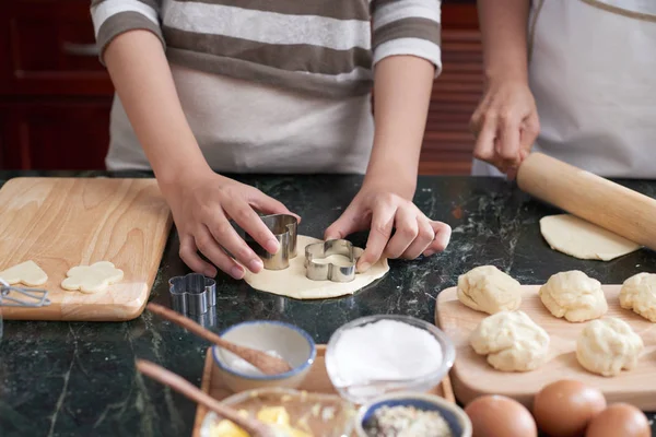 Hand Girl Cutting Christmas Cookies Out Sweet Dough — Stock Photo, Image