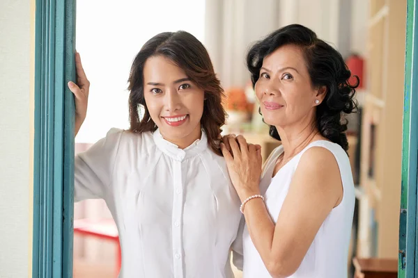 Pretty Cheerful Vietnamese Young Woman Her Senior Mother — Stock Photo, Image
