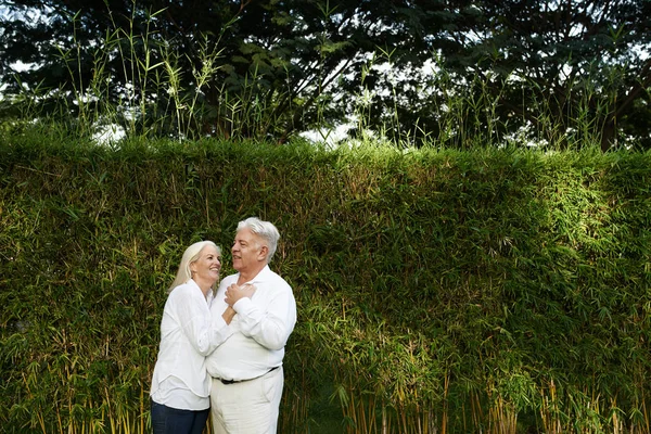 Neşeli Üst Düzey Çift Kamu Bahçesinde Romantik Tarih Harcama — Stok fotoğraf