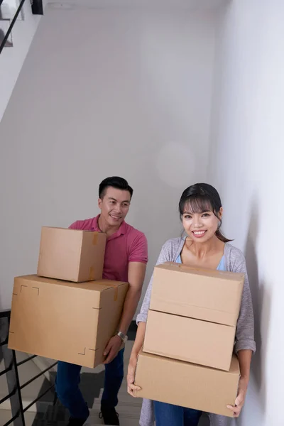 Joyful Mature Couple Carrying Boxes Stuff Stairs New Apartment — Stock Photo, Image