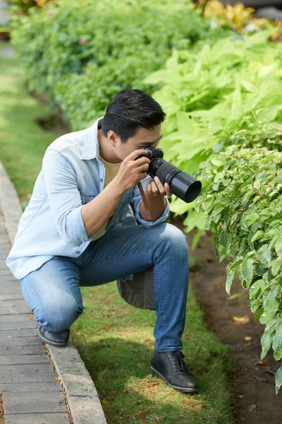 Fiatal Férfi Fényképezés Levelek Bokrok Parkban — Stock Fotó