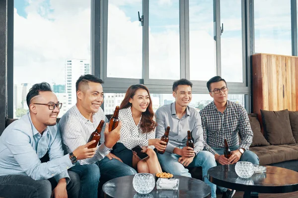 Cheerful Young Asian Coworkers Resting Sports Bar — Stock Photo, Image