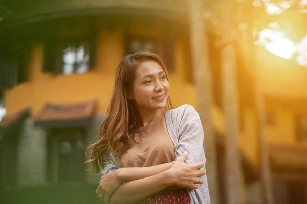 Lovely Pretty Young Vietnamese Woman Standing Outdoor Sunlight — Stock Photo, Image