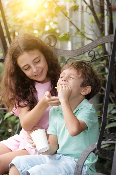 Bror Och Syster Sitter Bakgård Och Njuter Söt Efterrätt — Stockfoto