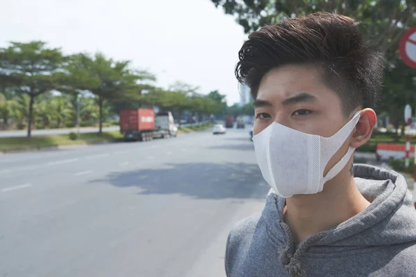 Young Asian Man Face Mask Standing Highway Roadside — Stock Photo, Image