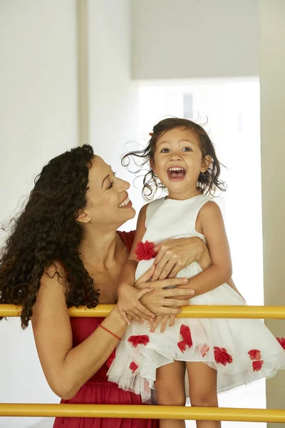 Happy Mother Standing Together Her Little Daughter Beautiful Dress While — Stock Photo, Image