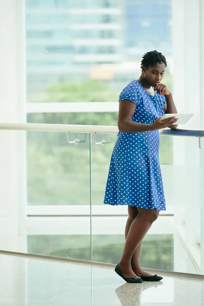 Full Length Portrait Female Entrepreneur Standing Big Office Window Tablet — Stock Photo, Image