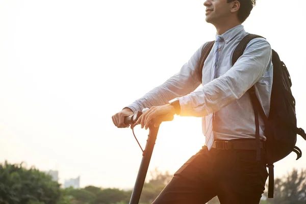 Young Office Worker Backpack His Back Using Scooter Means Transportation — Stock Photo, Image