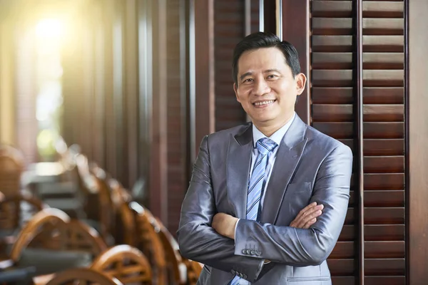 Portrait Asian Mature Businessman Formal Wear Standing Arms Crossed Cafe — Stock Photo, Image