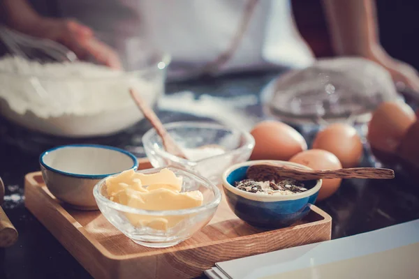 Various Ingredients Prepared Cookie Dough Small Bowls Kitchen Table — Stock Photo, Image