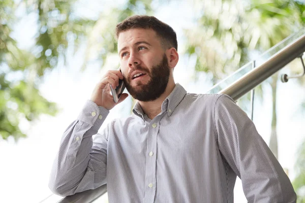 Bearded Confident Manager Shirt Standing Has Business Conversation Mobile Phone — Stock Photo, Image