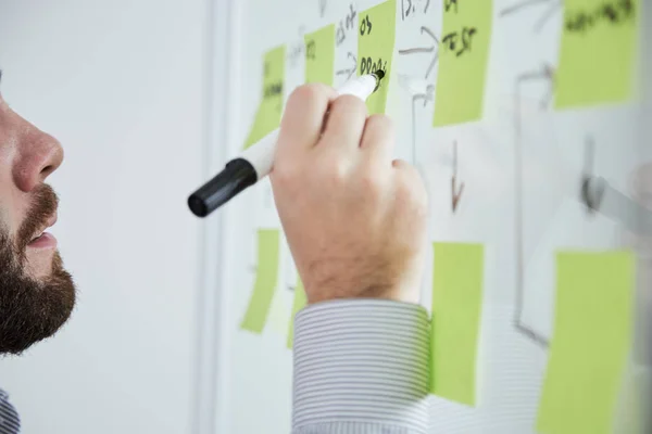Close Bearded Businessman Writing Plans Black Marker Adhesive Notes Wall — Stock Photo, Image