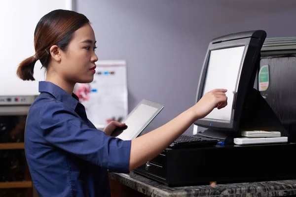 Pretty Young Waitress Entering Order Details Computer — Stock Photo, Image