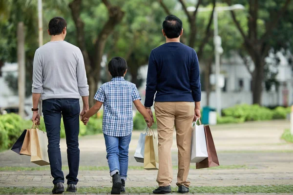 Back view of father and grandfather holding hands of boy and carrying paper bags while walking together after shopping