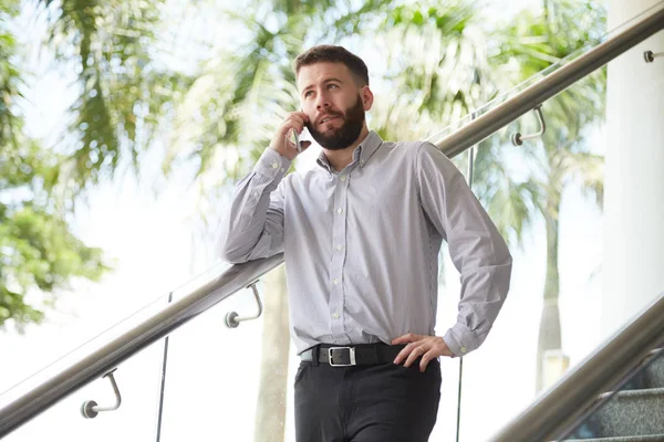 Confident Bearded Manager Standing Staircase Modern Office Talking His Client — Stock Photo, Image