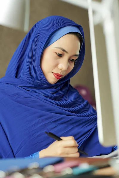 Portrait Pensive Young Asian Woman Blue Hijab Working Office Table — Stock Photo, Image