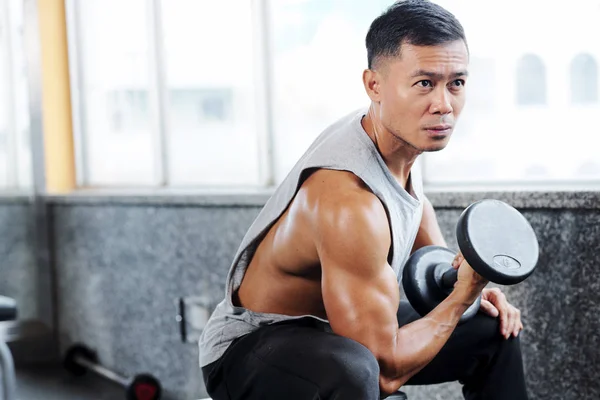 Knappe Fit Aziatische Man Tillen Gewichten Sportschool Arm Dag — Stockfoto