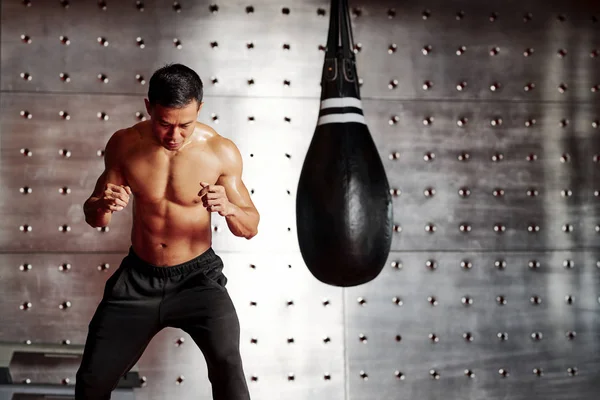 Boxeador Muscular Sin Camisa Calentándose Con Saco Boxeo Antes Pelear — Foto de Stock