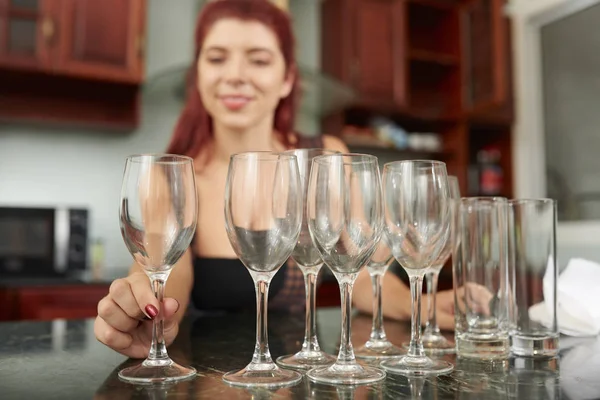 Young Woman Cleaning Glasses Flutes Her Kitchen — Stock Photo, Image