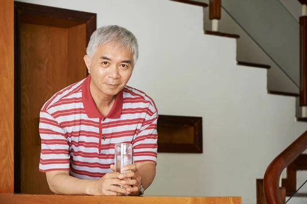 Portrait Asian Mature Man Grey Hair Casual Shirt Standing Glass — Stock Photo, Image