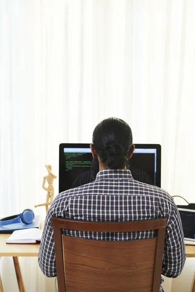 Rear View Developer Sitting Front Computer Monitor Working New Software — Stock Photo, Image