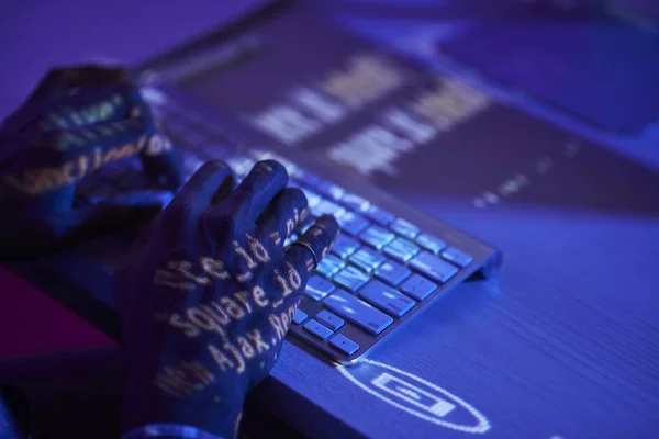 Close Programmer Typing Computer Keyboard Working New Software While Sitting — Stock Photo, Image